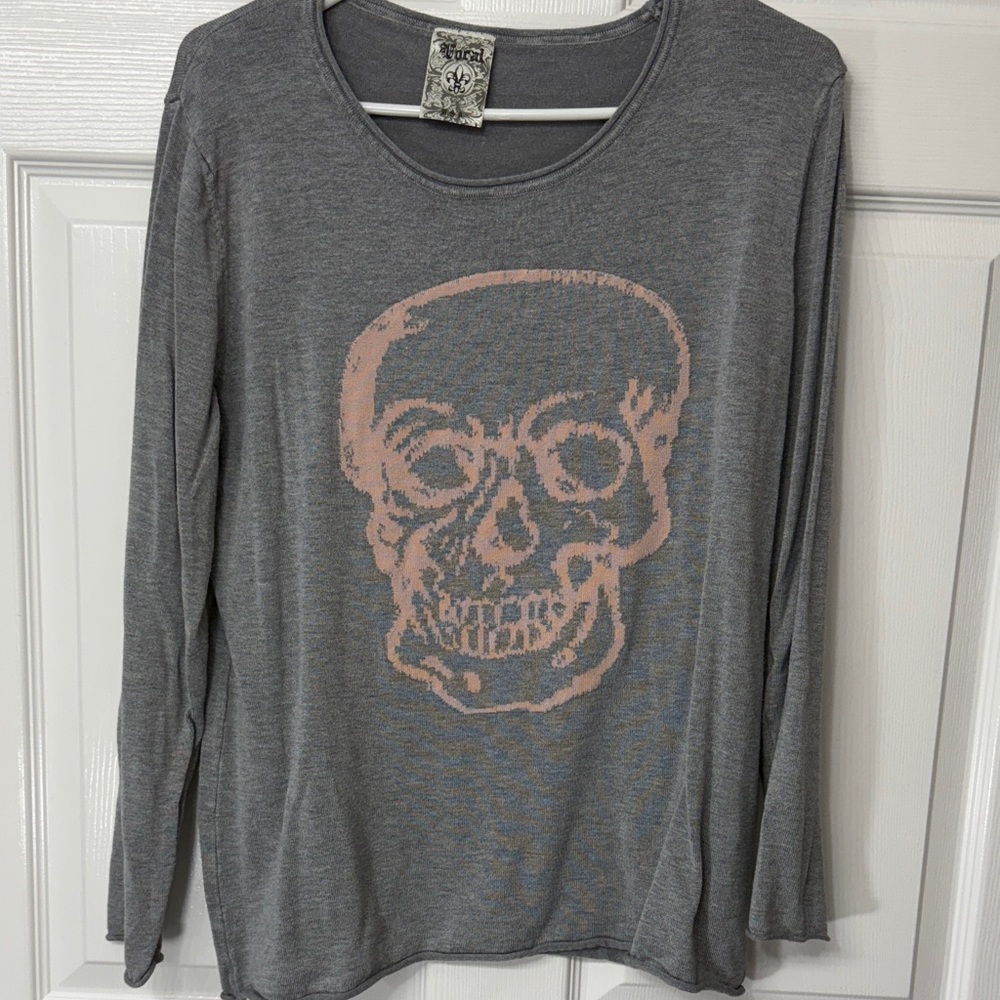 Vocal Self Pink Skull Gray Lightweight Knit Top Size S